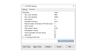 Calculation parameters for the static calculation under internal pressure