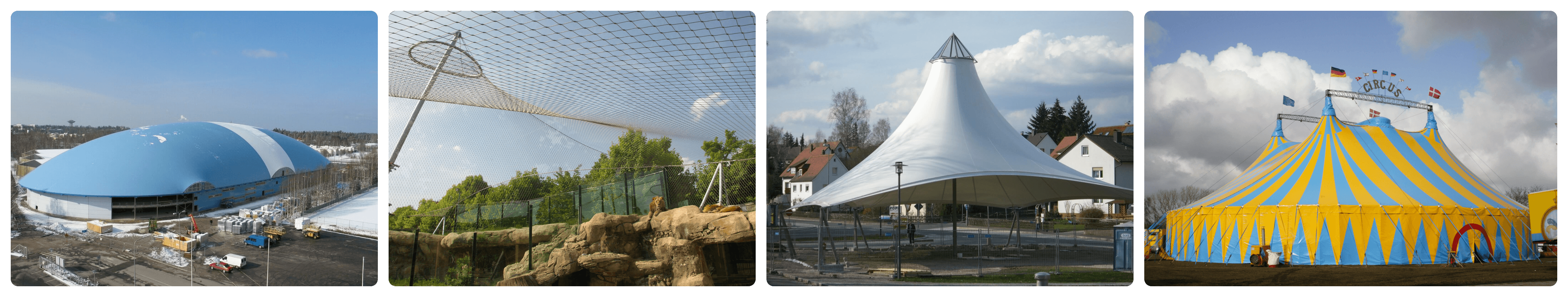 Traglufthalle, Raubtierkäfig, Hochpunktüberdachung und Zirkuszelt